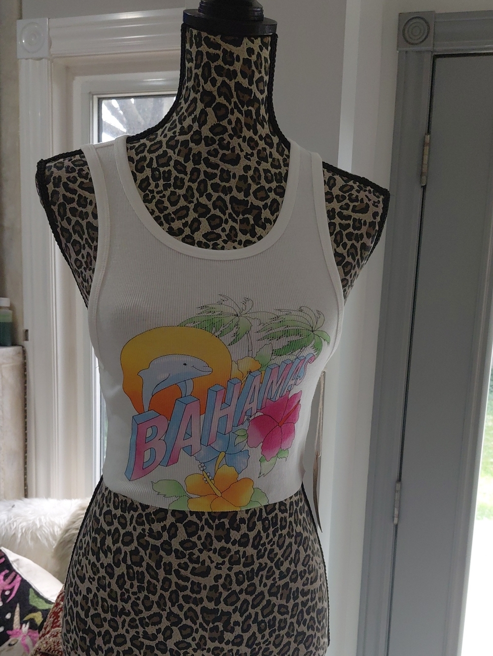 Harlow White Ribbed Bahamas Graphic Tank with Tropical Print